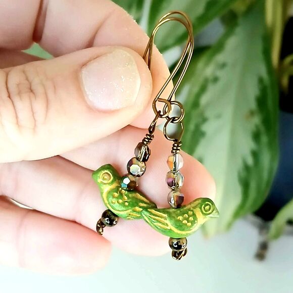 Boho Chic Bronze Dangle Earrings - Bird Earrings - Bronze 2" - Picture 4 of 7